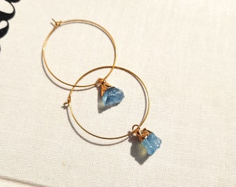 Dainty Large Hoop Earrings Raw Aquamarine Crystal Gold Hoops March Birthstone Jewelry Natural Clear Blue Aquamarine Gemstone Gift for Woman