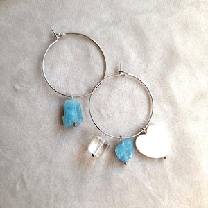 Asymmetric Custom Hoop Earrings Raw Aquamarine Crystal Dainty Boho Large Silver Gold Hoop Earrings Birthstone Gemstone Select your Crystal
