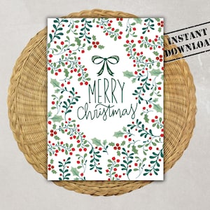 Rode en groene hulstbessen Merry Christmas Card, Merry Christmas afdrukbare kaart – 5 x 7 digitale download | Minimalistische kerstkaart