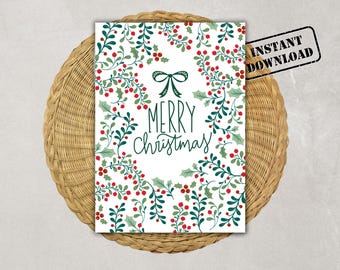 Carte de joyeux Noël rouge et verte baies de houx, joyeux Noël imprimable carte – téléchargement numérique 5 x 7 | Carte de Noël minimaliste