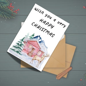Cartão de Natal de montanha de veado, cartões de ilustração de veado, cartões comemorativos de chifre, cartão de veado carisma, alce das montanhas rochosas, download digital, alce
