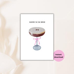 Biglietto di auguri per la sposa, biglietto di auguri per la festa nuziale Espresso Martini, biglietto di auguri per la sposa stampabile con acquerello, fiocco rosa pieghevole 5x7 - Download immediato