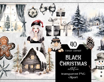 Imágenes prediseñadas de Navidad negra, arte digital AI, Navidad scandi negra, fondo transparente, imágenes prediseñadas PNG, decoración negra de invierno, uso comercial