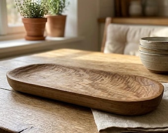 Hand Carved Oak Dough Bowl, Rustic Primitive Centerpiece, Flat Oval Wooden Tray for Coffee Table
