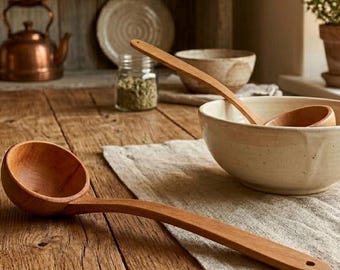 Wooden Soup Ladle, Hand Carved Rustic Utensil, Broth Kitchen Tool