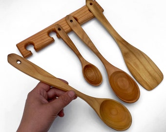 Cherry Wood Cooking Utensil Set 4pcs, Rustic Handmade Spoons & Spatula