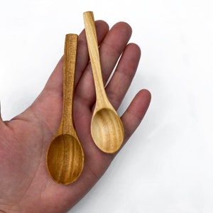May include: Two small wooden spoons, one light and one dark, are displayed. The spoons have rounded bowls and long, slender handles. The wood grain is visible, adding texture to the natural-toned utensils. They are likely for spices or condiments.