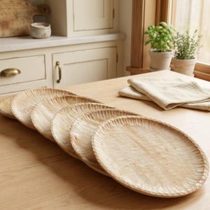Hand Carved Basswood Round Wooden Plate, Rustic Flat Serving Bowl, Natural Organic Tray
