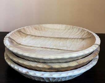 Wooden Round Serving Plate, Carved Plate, Handmade Wooden Dinner Tray Housewarming Gift, Small Wooden Bowl Set
