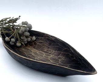 Decorative Black Bowl, Coffe Table Small Tray, Wooden Key Bowl, Hand Carved Bowl, Unique Gift Idea, Canoe Bowl