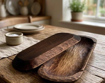 Hand Carved Wooden Dough Bowl, Rustic Decorative Tray, Primitive Centerpiece