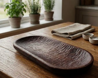 Handgeschnitzte Teigschüssel aus Eiche, rustikales Bauernhaus-Tablett, ovale flache Holzschüssel