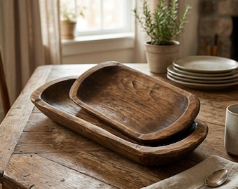 Wooden Hand Carved Dough Bowl, Rustic Oval Tray for Home Shelf Table Decor, Primitive Bowls, Key Kitchen Counter