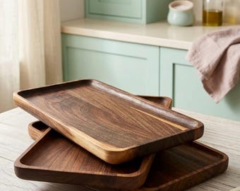 Handcrafted Walnut Tray, Rectangular Wood Coffee Table Tray, Flat Tea Bowl, Modern Minimalist Centerpiece Tray