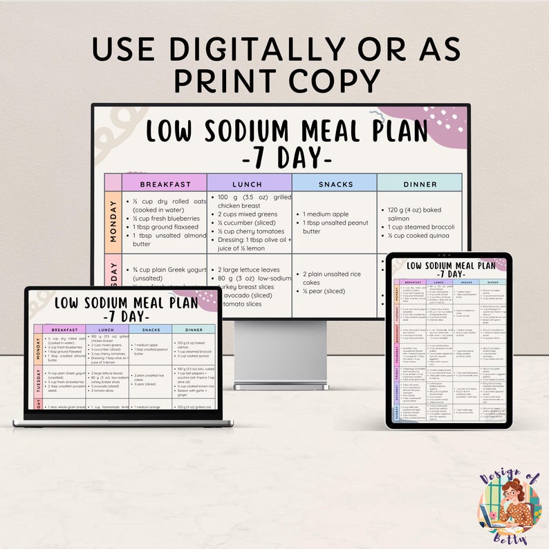 May include: A digital low sodium meal plan for 7 days, displayed on a computer, laptop, and tablet. The plan includes breakfast, lunch, snacks, and dinner options with measurements in ounces and cups. The text "USE DIGITALLY OR AS PRINT COPY" is at the top.