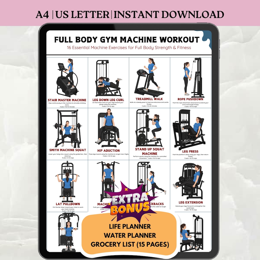 Full Body Gym Machine Workout Poster, Printable Exercise Chart ...
