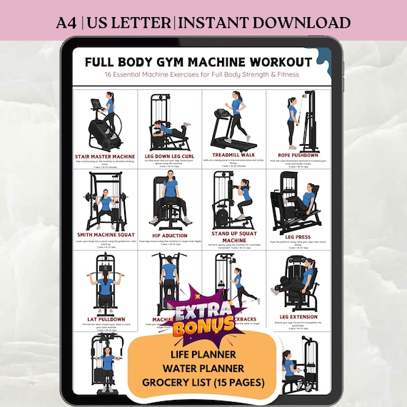 Full Body Gym Machine Workout Poster, Printable Exercise Chart, Strength Training Guide, Beginner Fitness Routine, Gym Equipment Exercises