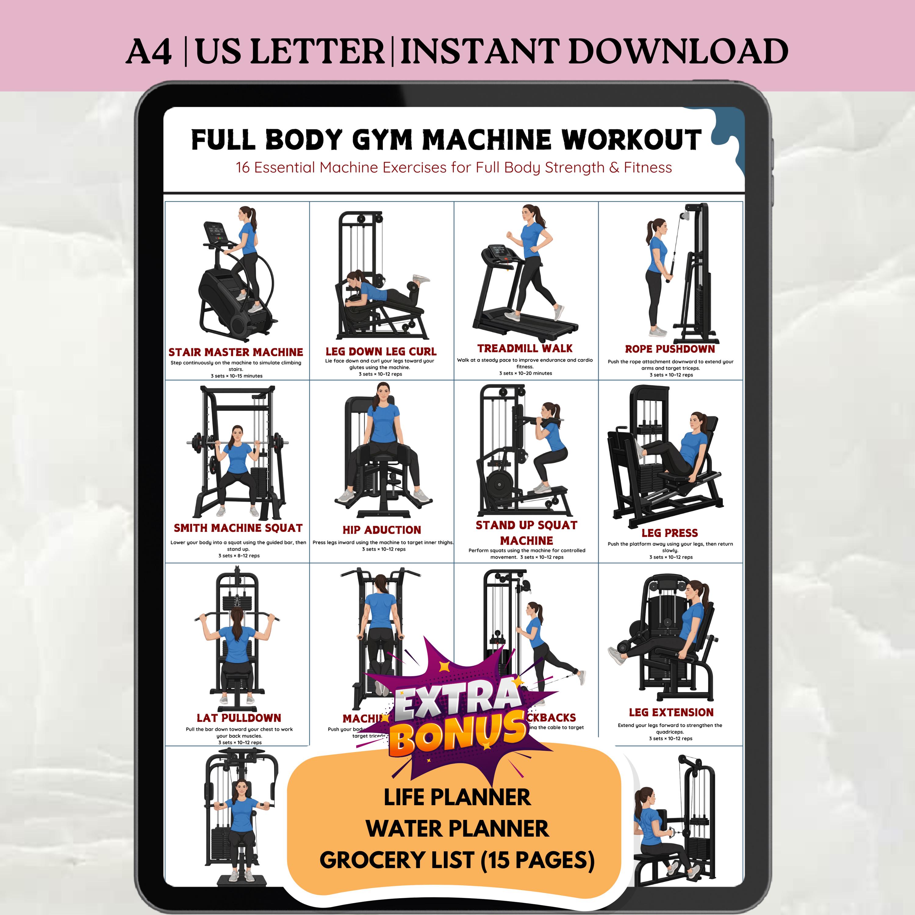 Gym Routine Poster Full Body Gym Machine Workout Poster, Printable Exercise Chart ...