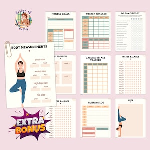 May include: A collection of printable fitness and wellness trackers. Includes pages for fitness goals, weekly tracking, body measurements, calorie intake, water balance, and a running log. Features a cartoon illustration of a woman doing yoga.