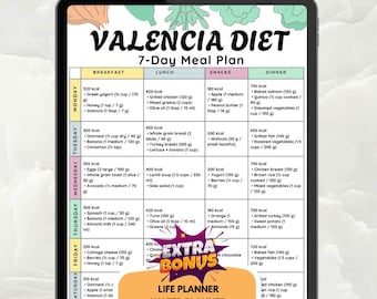 May include: A digital 7-day meal plan titled "Valencia Diet" on a tablet screen. The plan includes breakfast, lunch, snacks, and dinner options with calorie counts and food details. Includes a bonus section with a life planner, water planner, and grocery list.