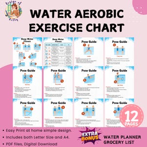 Puede incluir: Un gráfico de ejercicios de aeróbic acuático rosa y blanco con ilustraciones de varios ejercicios. El gráfico incluye el texto "Water Aerobic Exercise Chart" y "Pose Guide" con 12 páginas. El gráfico también incluye el texto "Easy Print at home simple design."