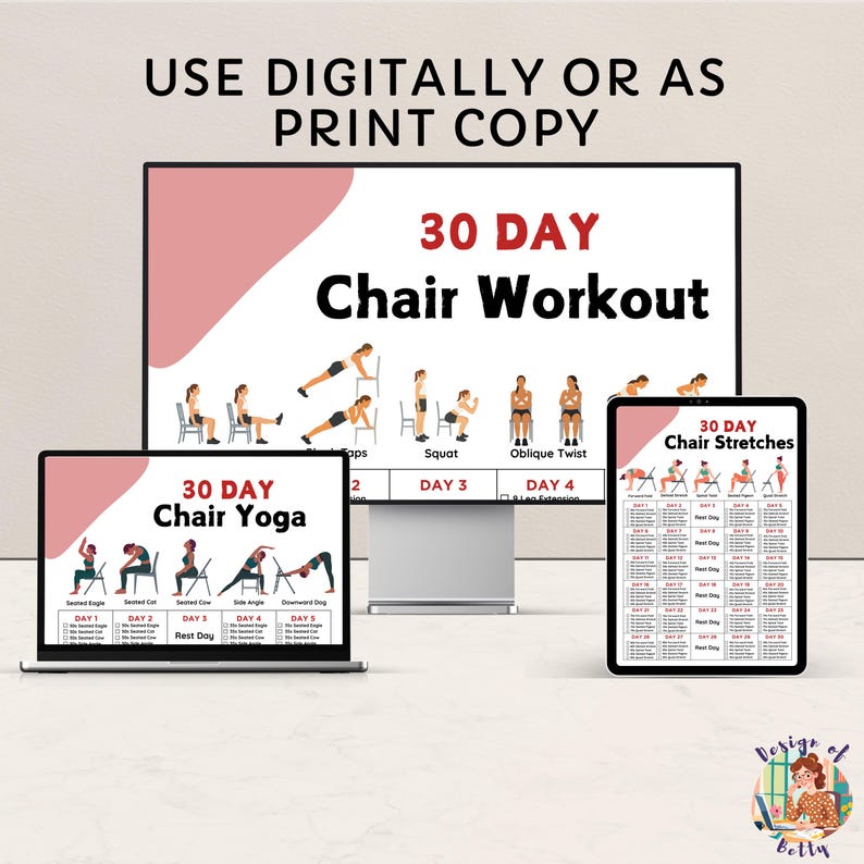 May include: Three digital printable workout guides for a 30-day chair workout, 30-day chair yoga, and 30-day chair stretches. Each guide features illustrations of the exercises and includes a daily schedule.