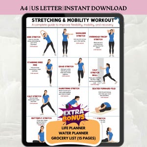 Pode incluir: Um download digital com um guia de exercícios de alongamento e mobilidade. O guia inclui exercícios ilustrados com instruções para cada alongamento, como alongamento lateral, alongamento dos ombros e alongamento dos isquiotibiais. Inclui planejadores de vida, água e compras bônus.