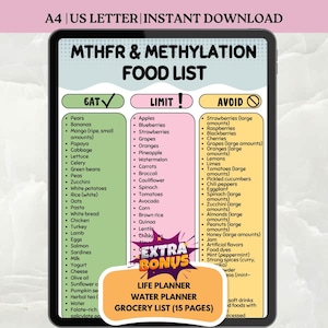 May include: A digital food list for MTHFR & Methylation, displayed on a tablet. The list categorizes foods into "Eat," "Limit," and "Avoid" sections, with fruits, vegetables, and other food items listed. Includes bonus life planner, water planner, and grocery list.