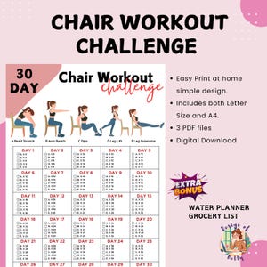 30 Day Chair Workout Challenge Printable | Chair Yoga Guide | 10 mins Workout Planner Digital | Digital Office Workout | Sitting Workout