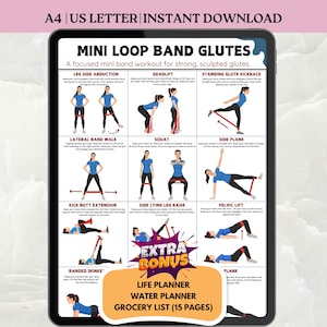 May include: A digital tablet displays a workout guide for glute exercises using a mini loop band. The guide includes illustrations and instructions for various exercises. The tablet also features a bonus section with a life planner, water planner, and grocery list.
