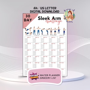 May include: A digital download, the "Sleek Arm Challenge" workout plan, is displayed on a white background. The printable includes a 30-day arm workout schedule with exercise illustrations and a bonus water planner and grocery list.