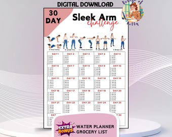 Pode incluir: Um download digital, o plano de treino "Sleek Arm Challenge", é exibido em um fundo branco. O material para impressão inclui um cronograma de treino de braço de 30 dias com ilustrações de exercícios e um planejador de água bônus e lista de compras.