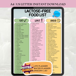 以下が含まれることがあります： デジタルタブレットには、乳糖を含まない食品リストが表示されています。リストは、食べる、制限する、避けるの3つのカテゴリに分かれています。食べるセクションには、乳糖を含まない牛乳、果物、野菜が含まれています。制限セクションには、ハードチーズとフレーバーヨーグルトがリストされています。