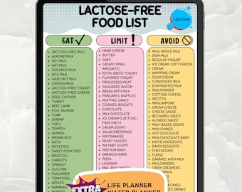 Lista de alimentos sin lactosa imprimible, tabla de límites de consumo, guía de dieta sin lácteos, lista de la compra para un intestino sano, PDF tamaño carta A4