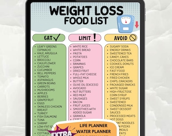 Liste d'aliments amaigrissants | Planificateur de régime hypocalorique | Préparation de repas faible en glucides | Liste de courses pour le régime Keto | PDF imprimable