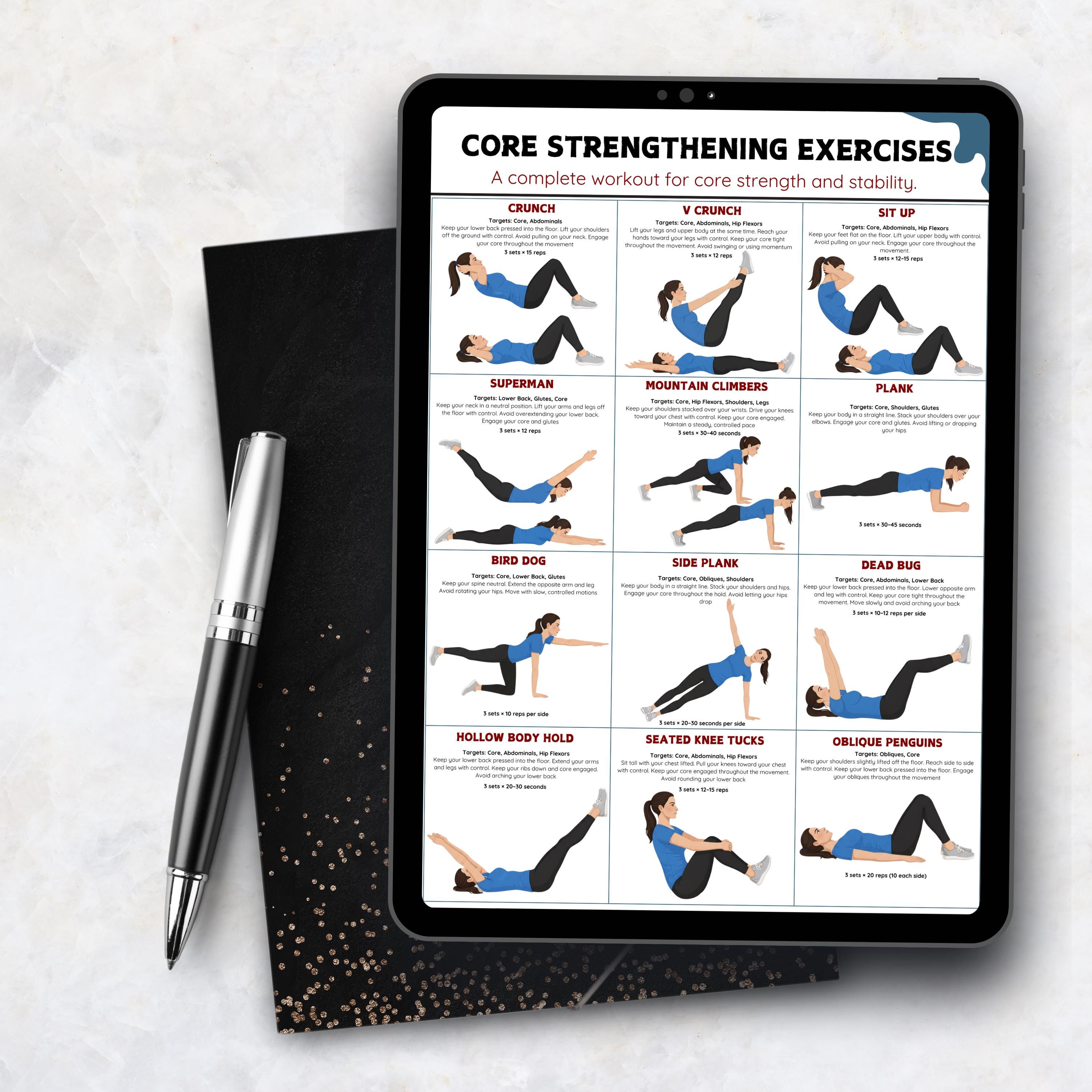 Core Strengthening Exercises Printable Poster | Abs & Core Workout ...