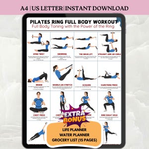 Könnte beinhalten: Digitaler Pilates-Ring-Ganzkörper-Workout-Leitfaden mit Übungsillustrationen. Der Leitfaden enthält Übungen wie Spine Twist, Swimming und Chest Press. Bonusinhalt umfasst einen Life Planner, Water Planner und eine Einkaufsliste (15 Seiten).