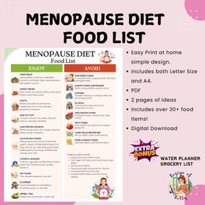 Menopause Diet Food List, Menopause Friendly Diet List, Foods to Help Menopause Symptoms, Download and Print to Help You Shop and Meal Plan