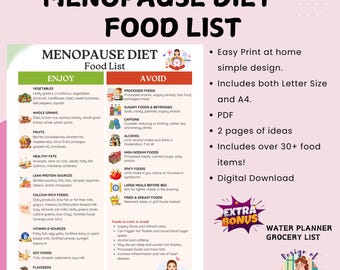 Menopause Diet Food List Printable, Menopause Grocery List PDF, Perimenopause Food Chart, Menopause Foods to Eat and Avoid