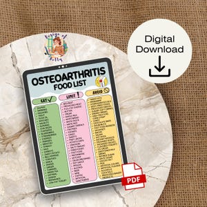 Puede incluir: Una descarga digital titulada "Lista de alimentos para la osteoartritis" con una lista de alimentos para comer, limitar y evitar. La imagen incluye un icono PDF y un icono de descarga digital.