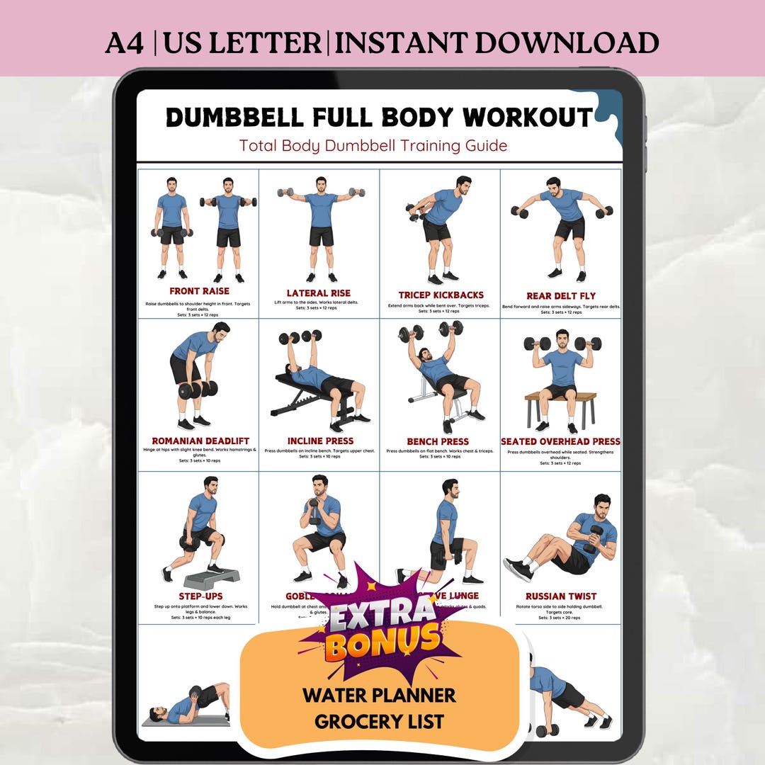 Dumbbell Full Body Workout Printable, 16 Exercise Strength Training ...