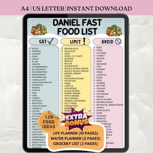 May include: A digital Daniel Fast food list chart displayed on a tablet screen, organized into three columns labeled Eat, Limit, and Avoid. The chart includes lists of various fruits, vegetables, grains, and proteins, with an extra bonus sticker overlay.