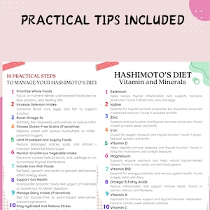 May include: Informational graphic with the title "Practical Tips Included" and two lists. One list details 10 steps to manage Hashimoto's diet, and the other lists 10 vitamins and minerals beneficial for the diet. The text is in black font on a white background.