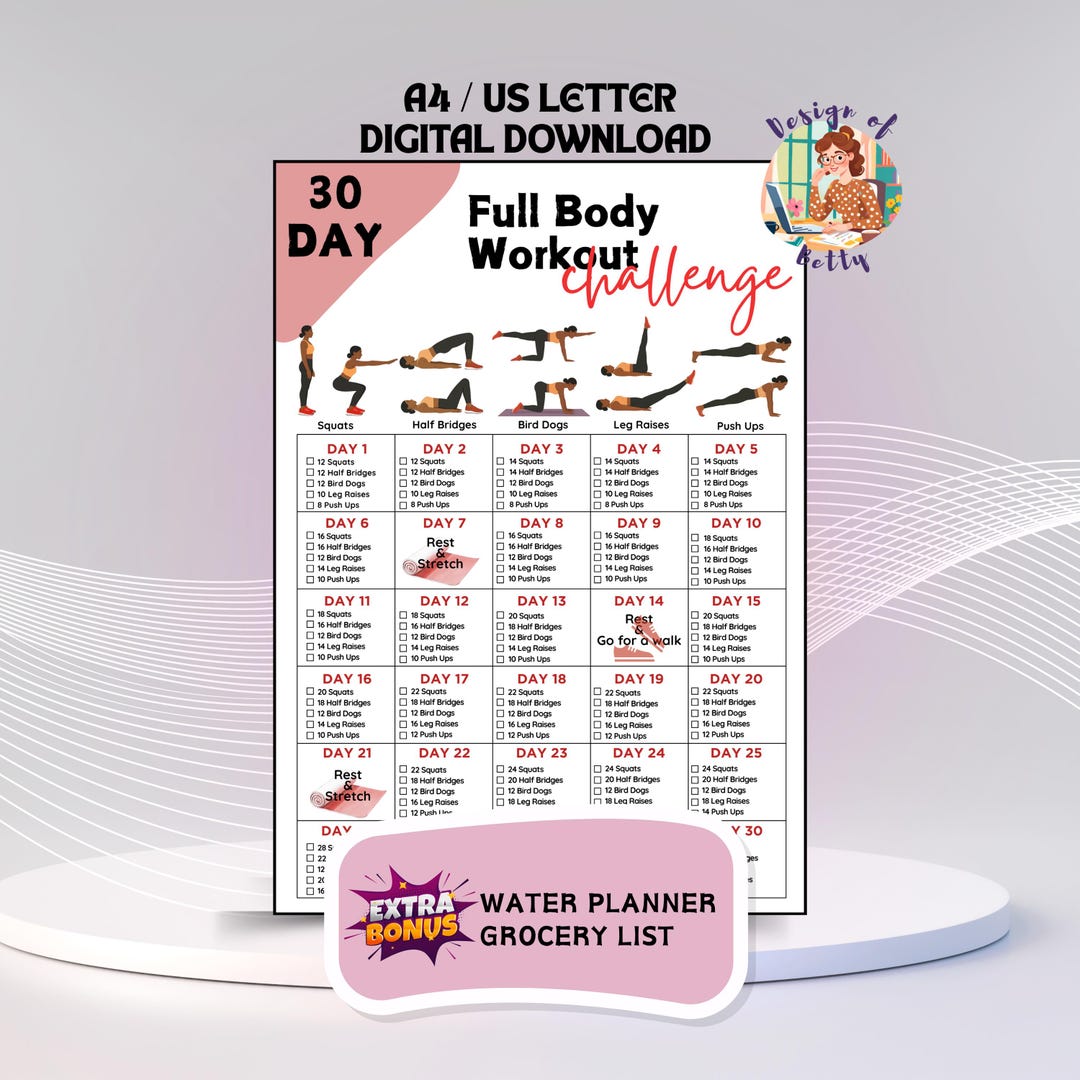 30 Day Full Body Workout Challenge Printable Chart Home Fitness