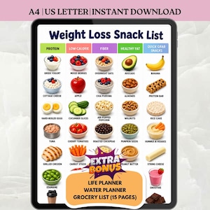 May include: Digital weight loss snack list displayed on a tablet. The list categorizes snacks by protein, low-calorie, fiber, healthy fat, and quick grab options. Includes images of Greek yogurt, mixed berries, apple, and more. Text reads "A4 | US LETTER | INSTANT DOWNLOAD".