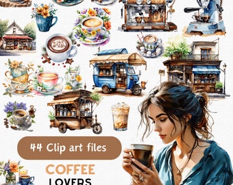 Pacchetto di clipart caffè acquerello, clip art di bevande al caffè, tazza di caffè, caffetteria, latte, tazza di cappuccino, caffè PNG, uso commerciale