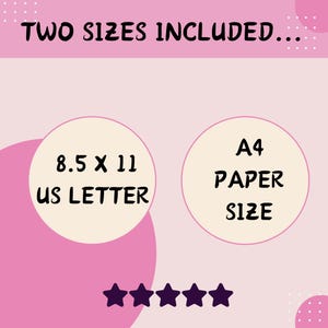 Puede incluir: Gr&aacute;fico rosa y blanco con el texto "TWO SIZES INCLUDED..." y dos c&iacute;rculos. Un c&iacute;rculo dice "8.5 X 11 US LETTER" y el otro "A4 PAPER SIZE". Hay cinco estrellas moradas en la parte inferior.