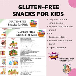Lijst met glutenvrije snacks voor kinderen, glutenvrije snacks voor kinderen, afdrukbare pdf, helpt je bij het plannen van glutenvrije snacks voor kinderen