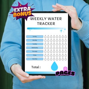 Puede incluir: Un rastreador digital semanal de agua que se muestra en una tableta. El rastreador presenta secciones para cada d&iacute;a de la semana, con iconos de gotas de agua para el seguimiento. El texto "WEEKLY WATER TRACKER" est&aacute; en la parte superior. La imagen incluye el texto "EXTRA BONUS" y "2 PAGES".