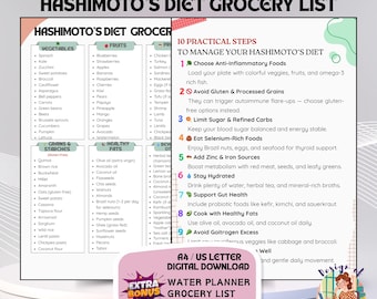 Lista de la compra para la dieta de Hashimoto, tabla de alimentos para la tiroides y el hipotiroidismo, tabla de alimentos para la tiroides, planificación de comidas para la tiroides, tabla de alimentos integrales